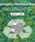 Premium AG13 LR44 Batteries 25 Pack 1.5V Alkaline Button Cells on green eco-friendly background, showcasing high capacity.