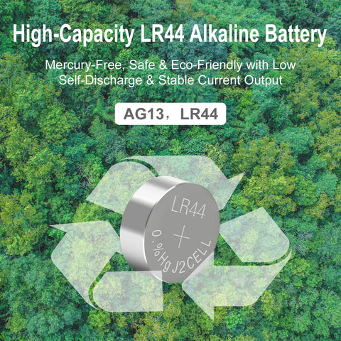 Premium AG13 LR44 Batteries 25 Pack 1.5V Alkaline Button Cells on green eco-friendly background, showcasing high capacity.