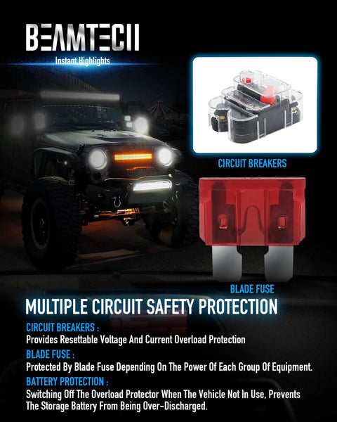 Image showing Beamtech circuit breakers and blade fuse with Jeep off-road vehicle, promoting 8 Gang RGB Switch Panel With Multi Function On Off Memory Dimmer Pulse Toggle And Auxiliary Touch LED Controller For Off Road ATVs UTVs Cars Trucks And Vans Rugged Weatherproof Panel With Easy Install features.