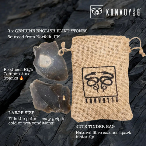 English Flint Fire Starter Kit With Two Large UK Flint Stones And Emergency Jute Tinder Bag For Bushcraft Camping And Survival