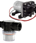 Image of 12 Volt RV Water Pump for Campers and Trailers, featuring 3.0 GPM high flow diaphragm with automatic demand, includes twist-on strainer.
