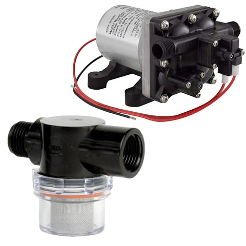 Image of 12 Volt RV Water Pump for Campers and Trailers, featuring 3.0 GPM high flow diaphragm with automatic demand, includes twist-on strainer.