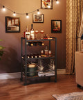 Slick 3 Tier Rolling Bar Cart With Ultra Smooth Swivel Wheels Rustic Brown Finish Includes Double Wine Rack And Stemware Holder Heavy Duty Serving Station in a cozy lounge setting.