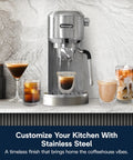 Dedica Duo Compact Espresso Machine With Milk Frother Wand For Espresso Cold Brew Hot And Iced Coffee Cappuccinos Lattes And Home Barista Pro Grade Stainless Steel Finish on a kitchen counter.