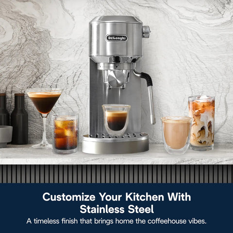 Dedica Duo Compact Espresso Machine With Milk Frother Wand For Espresso Cold Brew Hot And Iced Coffee Cappuccinos Lattes And Home Barista Pro Grade Stainless Steel Finish on a kitchen counter.
