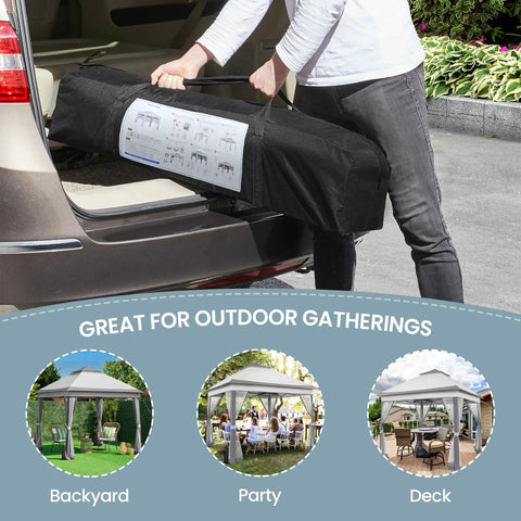 Easy Up 11x11 Pop Up Gazebo Shelter With 4 Sandbags in carrying case being placed in car trunk, showing portability.