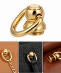 Top Shelf Gold Brass D Rings For Purse 4 Pack With Screw Back Rotatable Strap Hardware shown on various leather bags.
