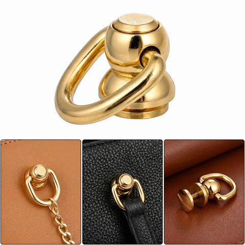 Top Shelf Gold Brass D Rings For Purse 4 Pack With Screw Back Rotatable Strap Hardware shown on various leather bags.