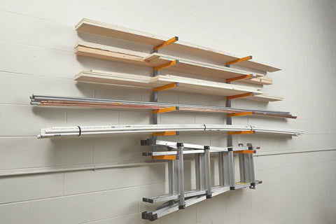 Wood Organizer And Lumber Storage Metal Rack With Six Level Wall Mount For Indoor And Outdoor Use installed on wall