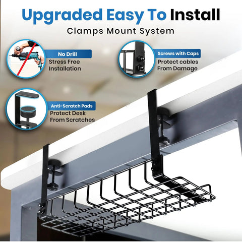 16 Inch Under Desk Cable Management Tray No Drill Cord Organizer With Secure Clamps for wire management showing easy installation.