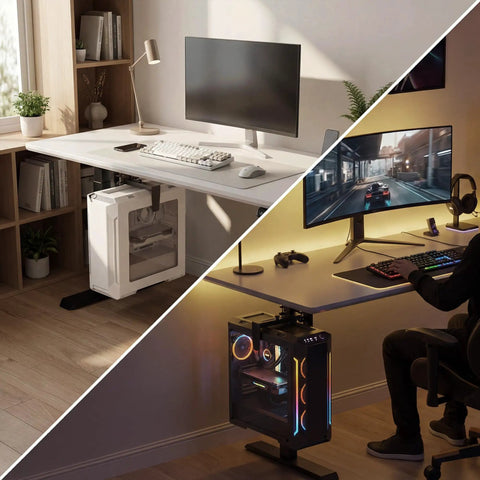 Under Desk PC Mount For Standing Desk Built Tough Heavy Duty Clamp And Drill CPU Holder 66 Lbs Capacity in home office and gaming setup