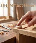 Hand pressing khaki wood hole button plug with mushroom head on furniture for beds and chairs, conceals screw holes, 160 piece set.