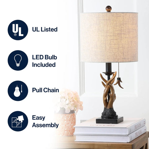 Brown Rustic Antler Table Lamp For Bedroom And Lodge Cabin Decor, 20.5 Inch Faux Antler Style Desk Lamp With Gray Linen Shade
