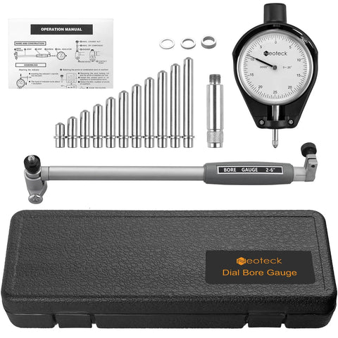 Neoteck dial bore gauge set 2–6 in with 11 carbide anvils, chrome-plated handle and insulated grips in a hard case