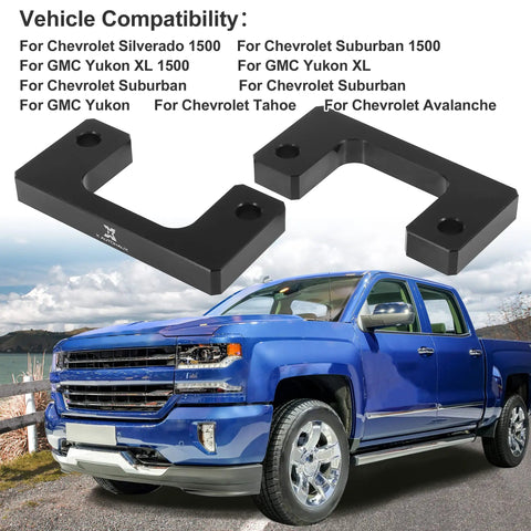 One Inch Front Leveling Lift Kit And Heavy Duty Strut Spacers To Drop The Sag And Raise The Bar For Chevy Silverado 1500 And Gmc Sierra 1500 Pickup Trucks 2007 Through 2019, featuring black aluminum spacers.