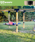 4 Pack 3-Way Right Angle Pergola Bracket Kit For 4x4 Wood Beams Tough As Nails Cast Iron With Galvanized Waterproof Layer And Black Powder Coat Easy 0.98 Inch Slot Insertion Outdoor Gazebos Patios Log Cabins installed on wooden pergola with hammock