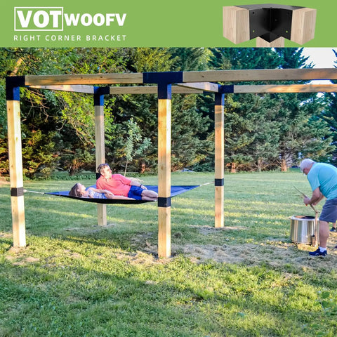 4 Pack 3-Way Right Angle Pergola Bracket Kit For 4x4 Wood Beams Tough As Nails Cast Iron With Galvanized Waterproof Layer And Black Powder Coat Easy 0.98 Inch Slot Insertion Outdoor Gazebos Patios Log Cabins installed on wooden pergola with hammock