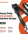 Heavy Duty Retractable Ratchet Straps 2 Inch by 10 Foot 3000 Lb Tie Down Kit for Truck Trailer Motorcycle and ATV with Slick Black Finish. Winged ratchet and strap details.