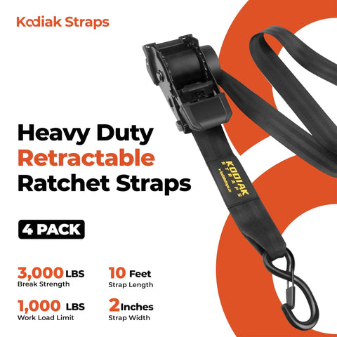 Heavy Duty Retractable Ratchet Straps 2 Inch by 10 Foot 3000 Lb Tie Down Kit for Truck Trailer Motorcycle and ATV with Slick Black Finish. Winged ratchet and strap details.