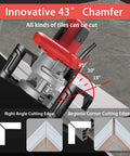 Rock Solid 1200 Watt Electric Tile Bevel Cutter With 43 Degree Angled Setup shows chamfer design for precise cutting of tiles.