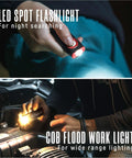 E1 1200 Lumen Dual Light Flashlight in use for night searching and COB flood work light scenario