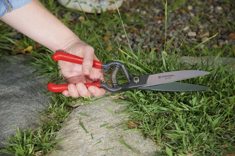 Hand using GS 6750D ClassicCUT Grass Shear Four And A Half Inch For Precise Lawn Trimming And Edging near stone border