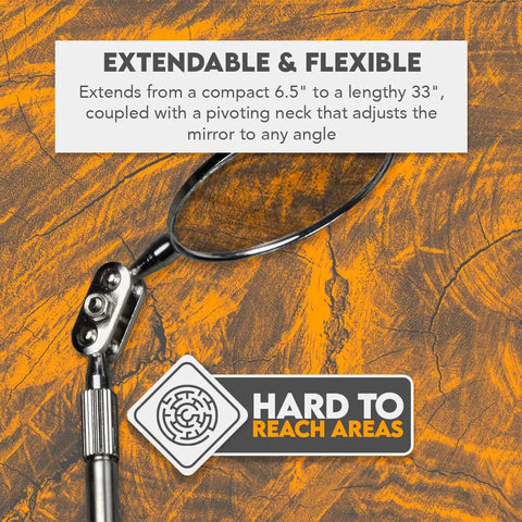 Telescoping Two Inch Round Inspection Mirror with Swivel Neck Extends Up To Thirty Three Inches for tight areas
