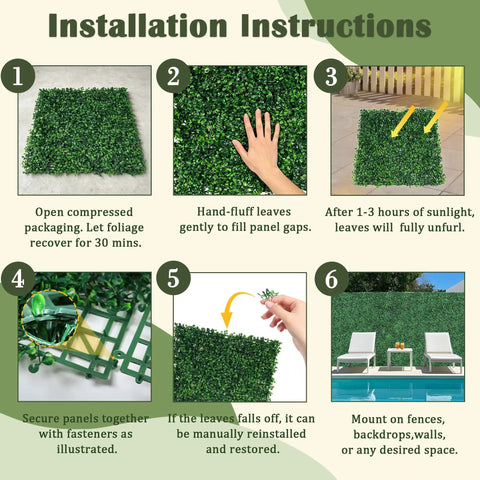 Installation instructions for thick fake boxwood panels 12 pack 20 by 20 inches for outdoor and indoor use.