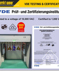 VDE certification sign with 10,000 VAC test and 1,000 VAC certification displayed at a testing station