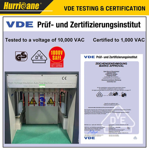 VDE certification sign with 10,000 VAC test and 1,000 VAC certification displayed at a testing station