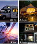 Collage of RV, camper, boat, and modern home showcasing 12 Volt 100 Watt Solar Panel Kit for off-grid power use.