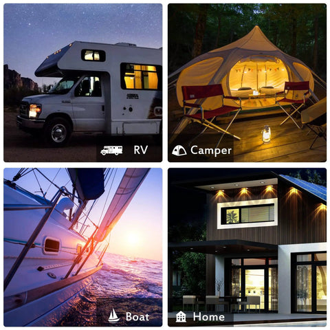 Collage of RV, camper, boat, and modern home showcasing 12 Volt 100 Watt Solar Panel Kit for off-grid power use.