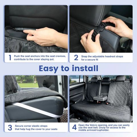 Person installing back seat protector for compact cars and small SUVs, 900D Oxford waterproof, non slip, tailored bench cover.