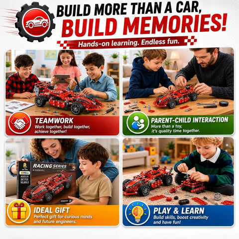 Children and parents building with Metal Model Racing Car Kit With 287 Pieces For Kids 8 Plus STEM Building Toy Real Screws Nuts Bolts And Tools