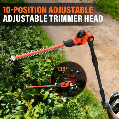 Cordless Pole Hedge Trimmer With 18-Inch Blades, Up To 16-Foot Reach, multi-angle adjustable head trimming hedges