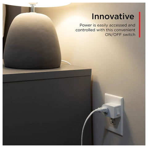 Grounded Power Switch 2 Pack Outlet Extender With On Off Button in use with lamp, energy efficient, space saving, 39713, white