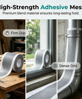 Peel And Stick Window Screen Repair Patch, Weather Resistant Mesh Tape shown in workshop and installed on window and pipe