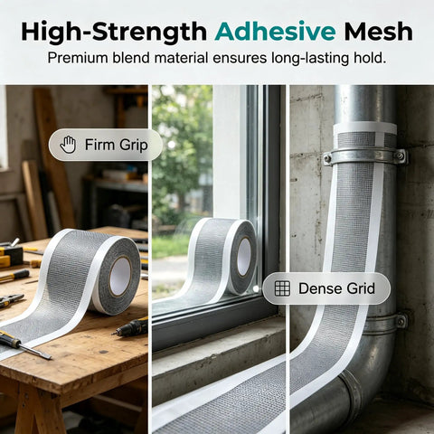 Peel And Stick Window Screen Repair Patch, Weather Resistant Mesh Tape shown in workshop and installed on window and pipe