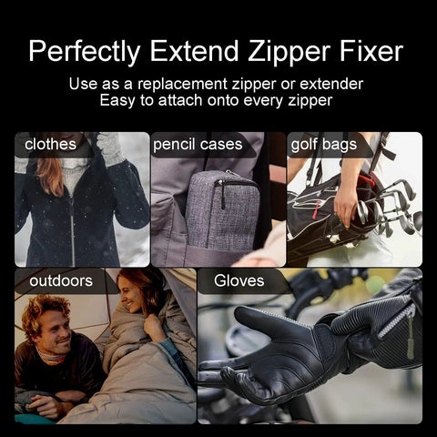 Image showcasing uses of 25 Pack Universal Zipper Pull Replacement Tabs for Backpacks Jackets Pants Boots Coats and Luggage.