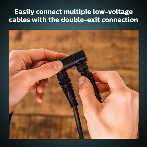 Hands connecting T connector for Outdoor 8 Foot Low Voltage Light Cable With T Connector For Easy Landscape Lighting Setup