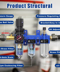 3 In 1 Air Filter Regulator Lubricator Combo with 1/4 Inch NPT Water Oil Trap Separator Brass Filter and Coalescing Filter in Blue
