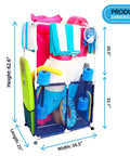 Big Pool Gear Organizer With Towel Bars And Mesh Rolling Bin, Extra Large Outdoor Pool Storage With Towel Hanger, Weatherproof PVC And Durable Mesh, Blue And White Style, showing dimensions.