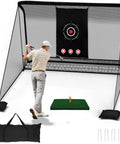 Golfer using 10x7ft Golf Hitting Practice Net for Real Golf Balls, Heavy Duty Driving Cage With Reinforced 7-Layer Mesh and Mat