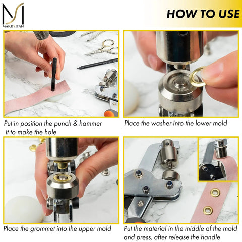 Step-by-step guide using Pro Grade Grommet Tool Kit For Leather, Fabric And Vinyl Includes Grommet Press Tool, 90 Multicolor Grommets