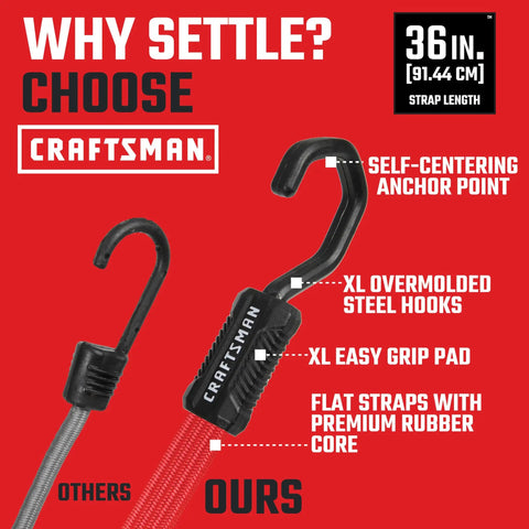 Straight Shooter 10 Piece Ratchet Strap Kit With Soft Loops And Stretchy Bungee Cords Heavy Duty Cargo Securing Set With Storage Bag Comfort Handle Smooth Use For Weekend Warriors Truck hook detail and specifications on a red background.