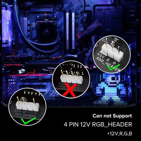 Inside view of PC case with focus on motherboard connectors, showing compatibility note for 4 PIN 12V RGB_HEADER 5V not supported.