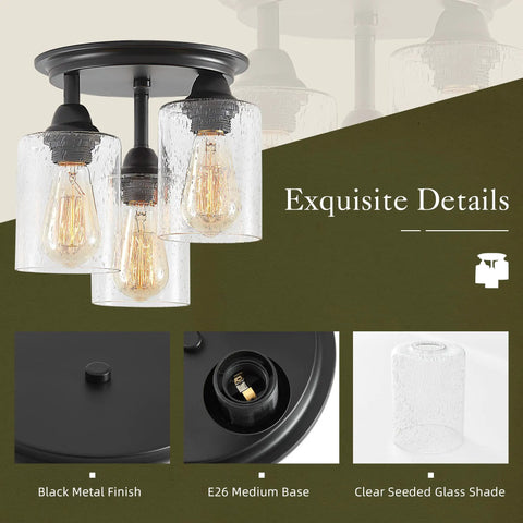 Three Light Dope Industrial Black Ceiling Light Fixture With Clear Seeded Glass Shades Semi Flush Mount for Hallway Entryway and Bedroom