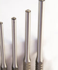 Close-up of Pro Grade Steel Roll Pin Punch Set With Vinyl Pouch For Gunsmithing 12 Piece Kit High Carbon Molybdenum Tool Steel.