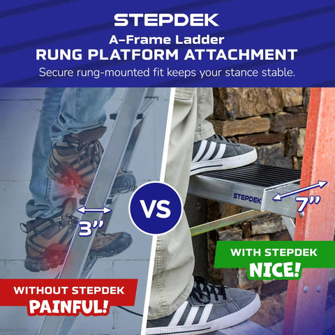 Comparison of Heavy Duty Aluminum Ladder Platform Attachment for A Frame Steps with no slip grip showing stable foot placement.