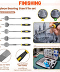 Ultimate All In One 50 Piece 3D Printer Tool Kit For Cleaning And Finishing With Nozzle Cleaners Scrapers Files Wire Cutters Craft Knife Tube Cutter Wrench Tweezers And More In A Handy Tool Bag The Starter Kit Every Maker Needs showing 5-piece steel file set and usage scene